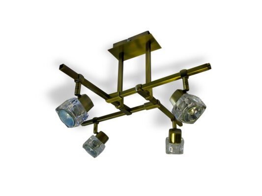 TarkaSpot4 Ice Cube Glass Shade 4x Spot Light Ceiling Fitting. RX Tarka range are finish to high standard Directional head allows maximum rotational movement Adjustable arm height adjustment Antique Brass Only Suitable for various applications Domestic, Hospitality TarkaSpot4 Ice Cube Glass Shade 4x Spot Light Ceiling Fitting -