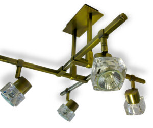 TarkaSpot4 Ice Cube Glass Shade 4x Spot Light Ceiling Fitting. RX Tarka range are finish to high standard Directional head allows maximum rotational movement Adjustable arm height adjustment Antique Brass Only Suitable for various applications Domestic, Hospitality TarkaSpot4 Ice Cube Glass Shade 4x Spot Light Ceiling Fitting -