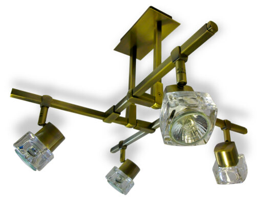 TarkaSpot4 Ice Cube Glass Shade 4x Spot Light Ceiling Fitting. RX Tarka range are finish to high standard Directional head allows maximum rotational movement Adjustable arm height adjustment Antique Brass Only Suitable for various applications Domestic, Hospitality TarkaSpot4 Ice Cube Glass Shade 4x Spot Light Ceiling Fitting -
