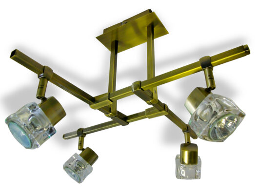 TarkaSpot4 Ice Cube Glass Shade 4x Spot Light Ceiling Fitting. RX Tarka range are finish to high standard Directional head allows maximum rotational movement Adjustable arm height adjustment Antique Brass Only Suitable for various applications Domestic, Hospitality TarkaSpot4 Ice Cube Glass Shade 4x Spot Light Ceiling Fitting -