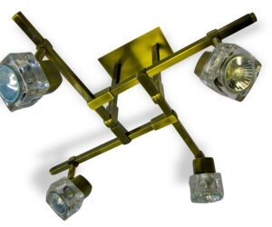 TarkaSpot4 Ice Cube Glass Shade 4x Spot Light Ceiling Fitting. RX Tarka range are finish to high standard Directional head allows maximum rotational movement Adjustable arm height adjustment Antique Brass Only Suitable for various applications Domestic, Hospitality TarkaSpot4 Ice Cube Glass Shade 4x Spot Light Ceiling Fitting -