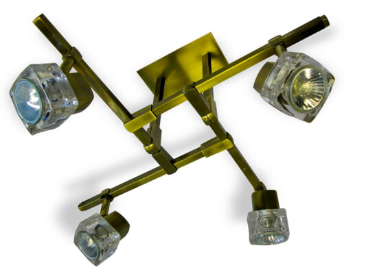 TarkaSpot4 Ice Cube Glass Shade 4x Spot Light Ceiling Fitting. RX Tarka range are finish to high standard Directional head allows maximum rotational movement Adjustable arm height adjustment Antique Brass Only Suitable for various applications Domestic, Hospitality TarkaSpot4 Ice Cube Glass Shade 4x Spot Light Ceiling Fitting -